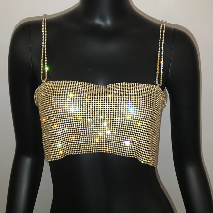 Top Glossy Metallic Rhinestone Crop Top (One Piece)